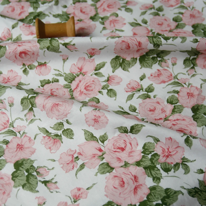 160x50cm Customized Pink Rose Green Lattice Summer Flower Twill Cotton Fabric Dress Clothing  Handmade DIY Sewing Cloth