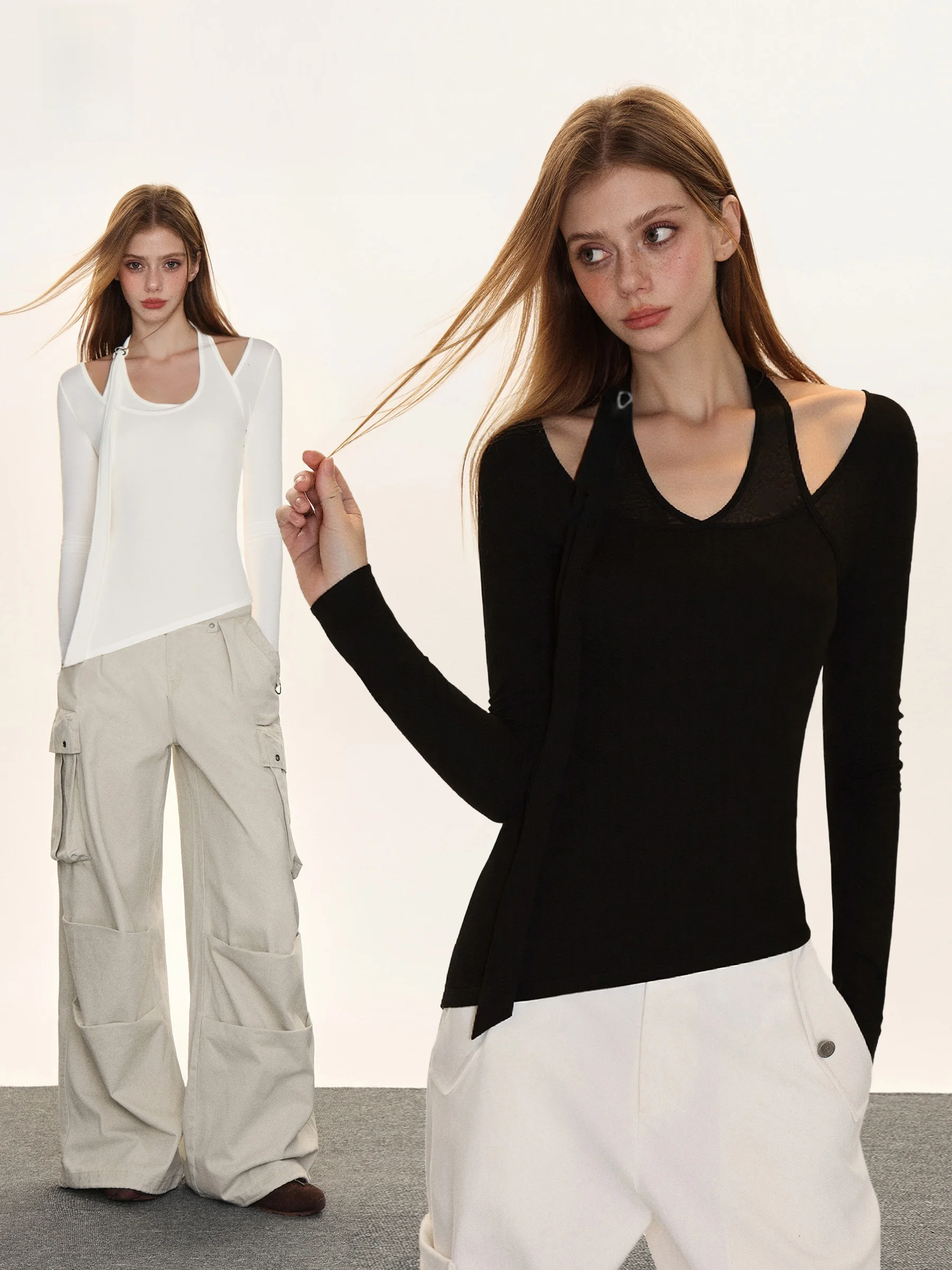 

Женский топ с эффектом двухслойности и длинными рукавами, с открытыми плечами, в американском стиле, с асимметричным дизайном и утягивающим эффектом на талии.