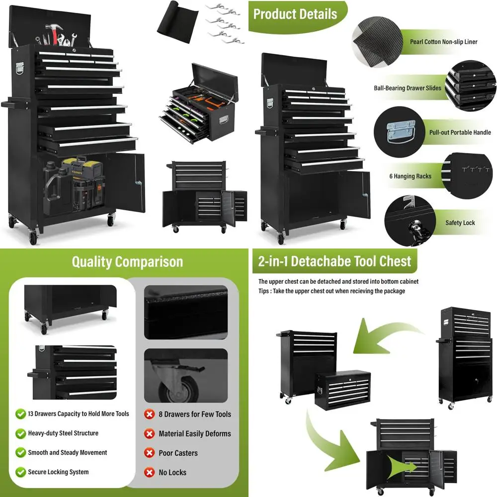 

Portable 13-Drawer Metal Tool Chest on Wheels, Black Rolling Storage Cabinet for Workshop and Garage