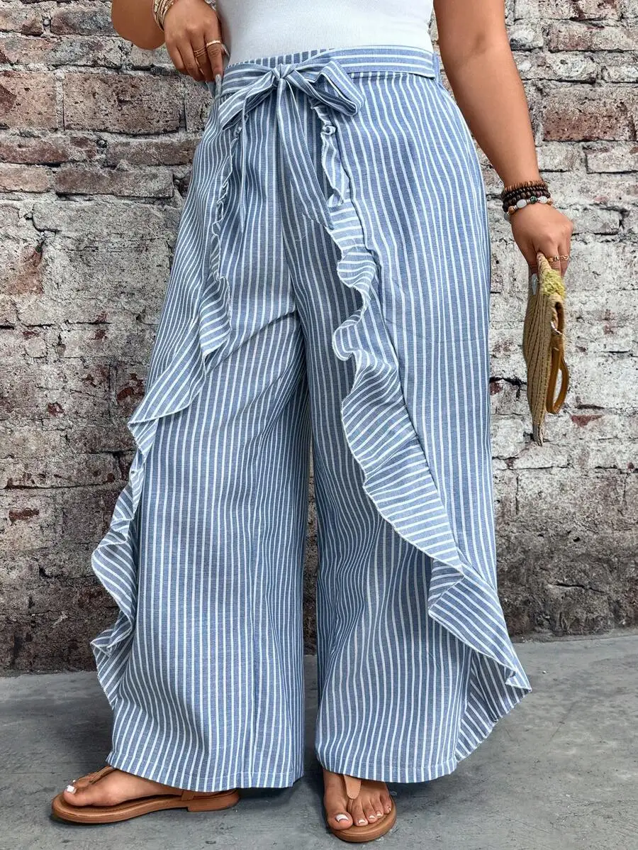 Pantalones anchos a rayas con lazo en la cintura y dobladillo asimétrico con volantes para mujer, talla grande