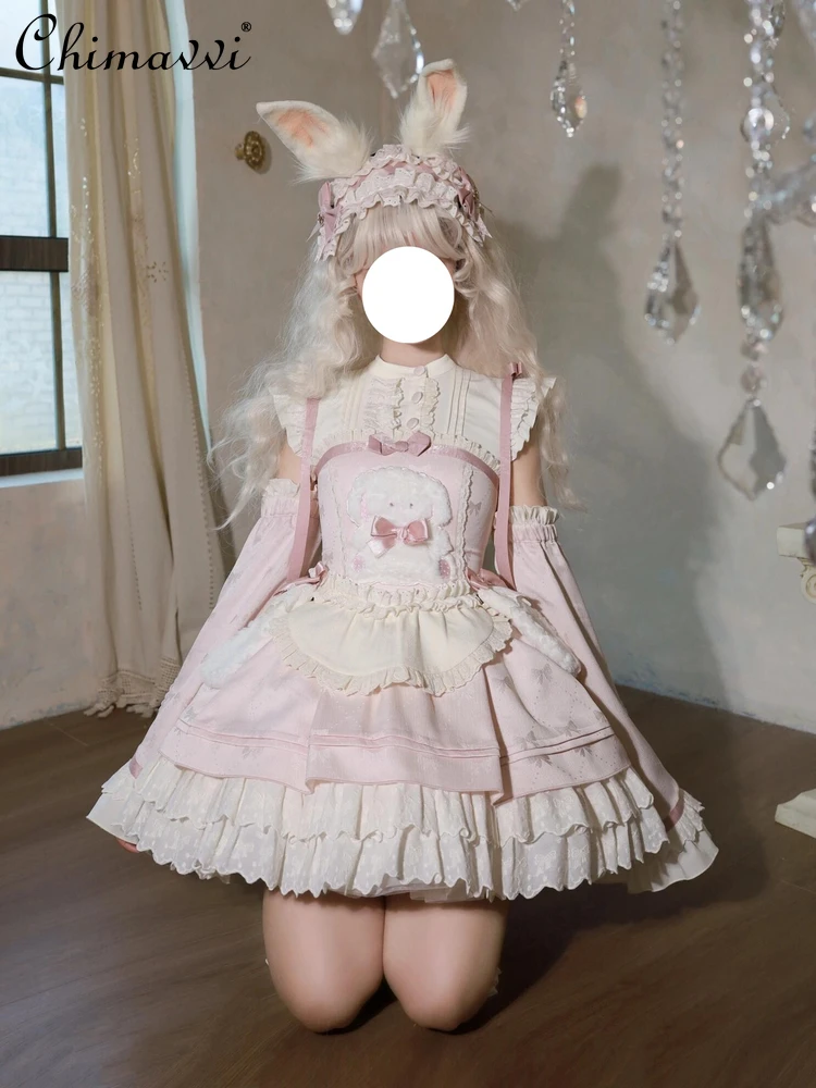 

Lolita Cute Sweet Girl Doll Pink Tutu Dress 2025 Autumn New Princess Bar Mitzvah High-waist Short Dress and Apron Leg Cover