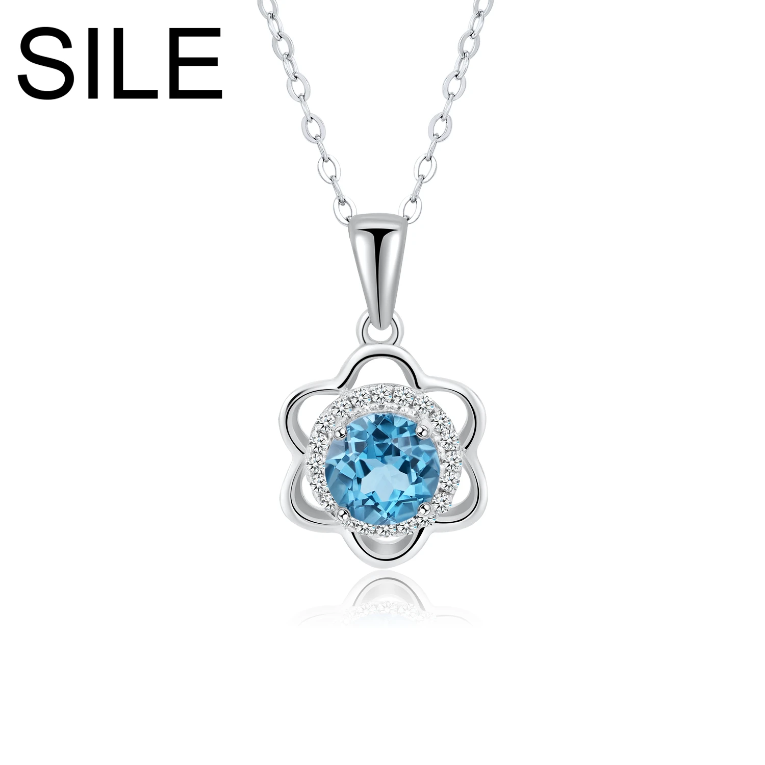 SILE Trendy Sterling Silver 925 Flower Pendant Necklaces Women Natural Swiss Blue Topaz Hanging Clavicle Chain Luxury Jewelry