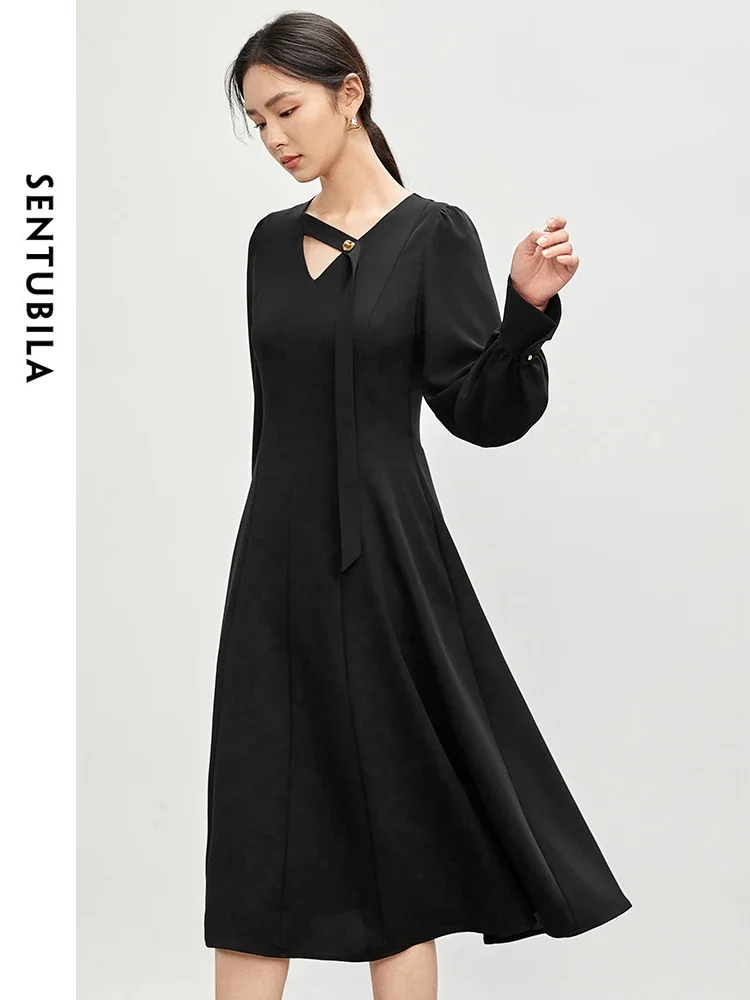 

SENTUBILA V-neck Black Dresses for Women 2025 Spring Fall A-line Casual Long Sleeve Dress Ladies Autumn Clothing 143L56451