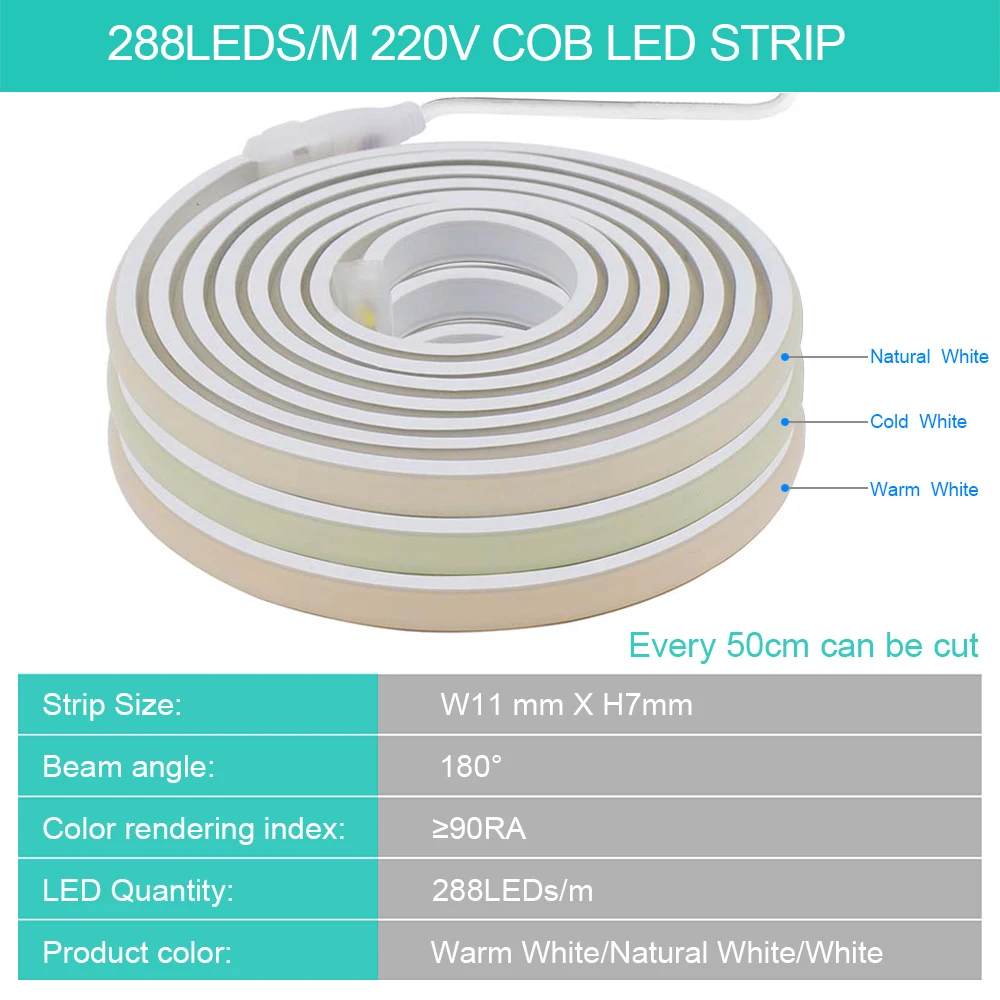 220V 230V COB LED Strip Neon Light EU UK Power Plug with Switch 288LED/m High Density Linear Lighting Waterproof Flexible Ribbon