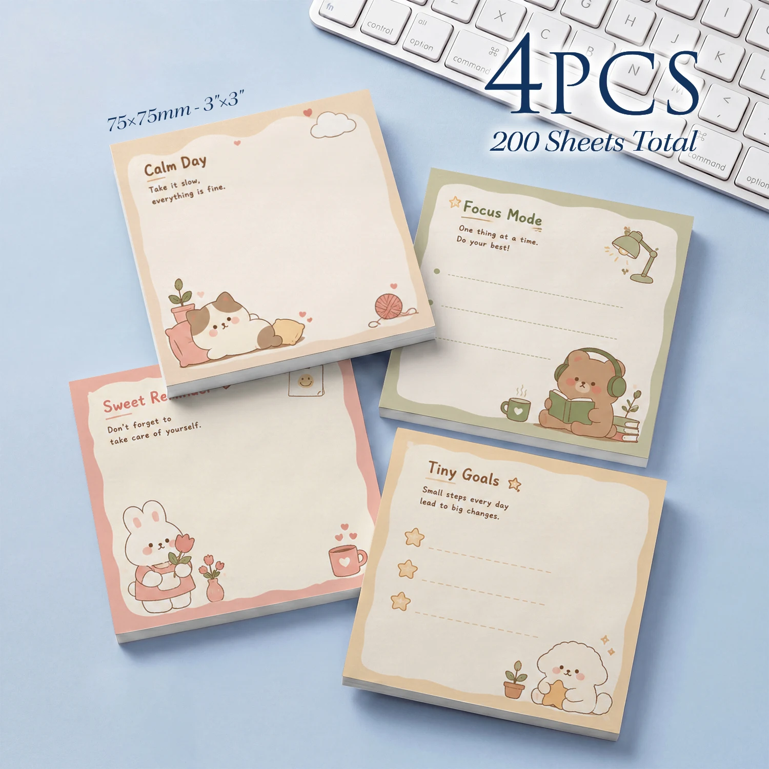 4pcs Cute Animal Sticky Notes 200 Sheets Kawaii Memo Pad Set Adorable Kitten Bear Rabbit Dog Note Paper Office School Stationery