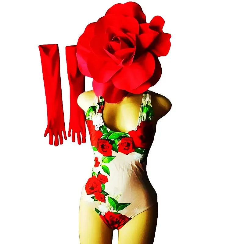 Valentine's Day Dance Costume Rose Print Bodysuit Flower Headgear Performance Clothes Bar Nightclub Party Rave Show Stage Outfit