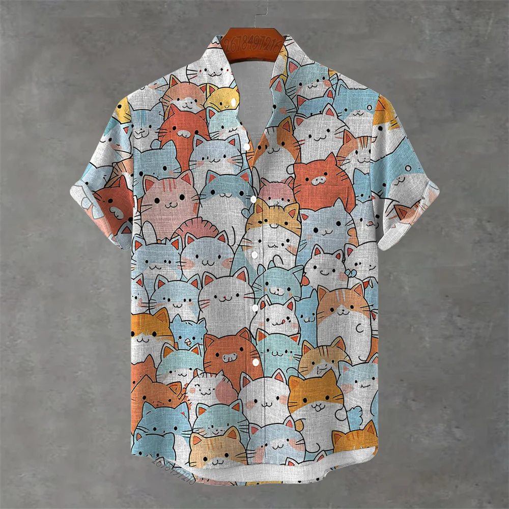 Hawaiian Style Casual Vacation Lapel Top, Men's New Short-Sleeved Shirt, Cartoon Cat Print, Wrinkle-Resistant and Non-Iron.