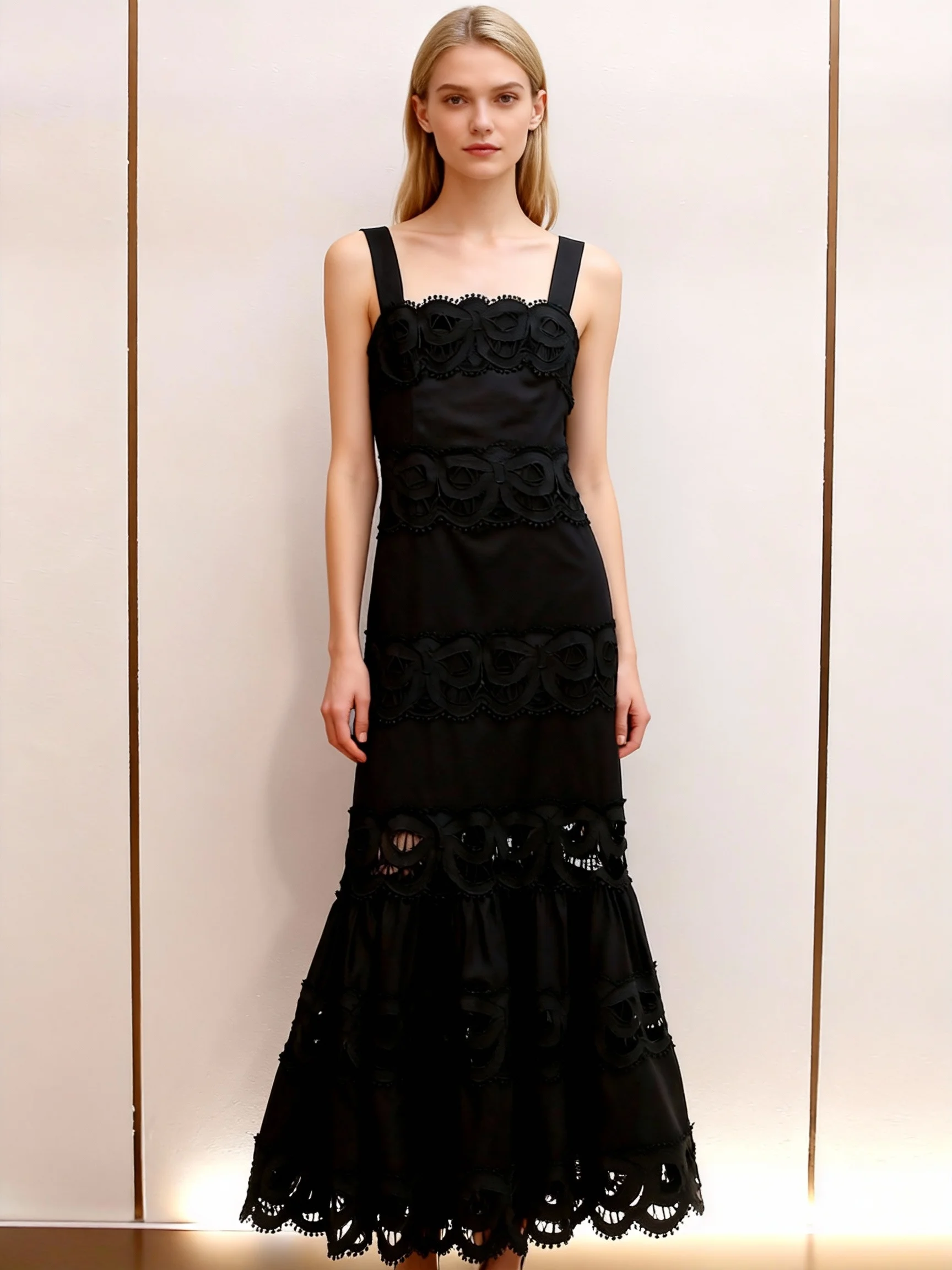 

【Gift Free】Autumn Winter New French Hepburn Style Heavywork Hollow Water-Soluble Lace A-Line Long Slim Camisole Dress for Women