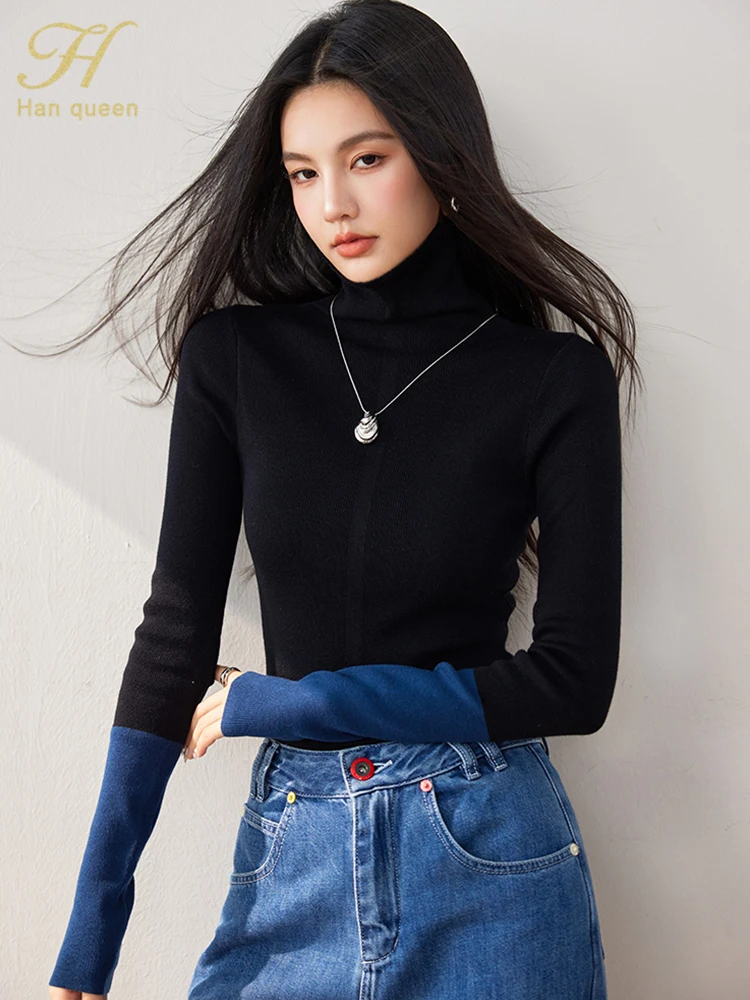 H ฮันควีนฤดูใบไม้ร่วงฤดูหนาวเสื้อถักบล็อกสีหรูหราเสื้อสวมหัวเสื้อกันหนาวสตรีใหม่เกาหลีหลวมสบายๆวินเทจเสื้อสำนักงาน