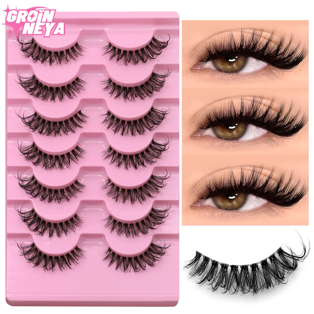 GROINNEYA Invisible Band Lashes 5/7 Pairs 3d Mink Lashes Short Length Transparent Stem Soft Natural Looking Eyelash Extensions