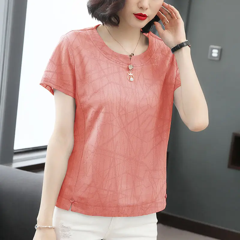 Fashion Female Loose Round Neck Spliced Printing T-shirt Summer Casual All-match Bright Silk Solid Color Tops Women's Clothing