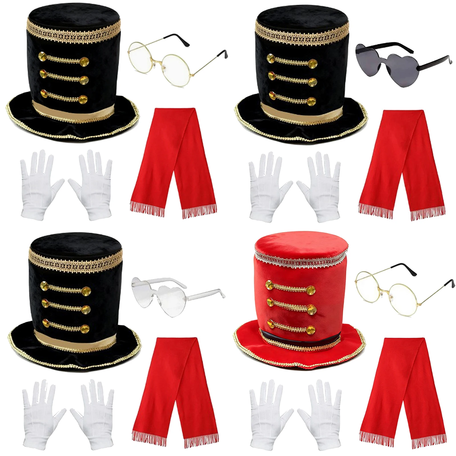 4 pezzi per bambini cappello da mago per adulti elegante berretto da jazz festa cosplay accessori per costumi da circo pupazzi di neve cappello a cilindro sciarpa occhiali e guanti