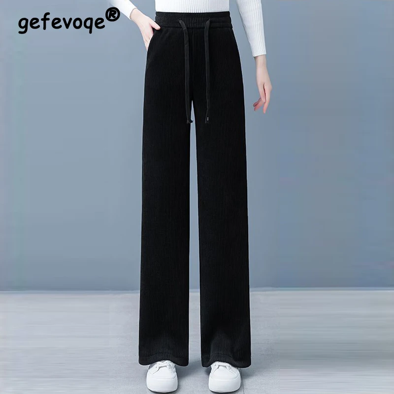 

Women Clothing Korean Vintage Corduroy High Waist Straight Pants Y2K Female Casual Streetwear Solid Pockets Trousers Pantalones