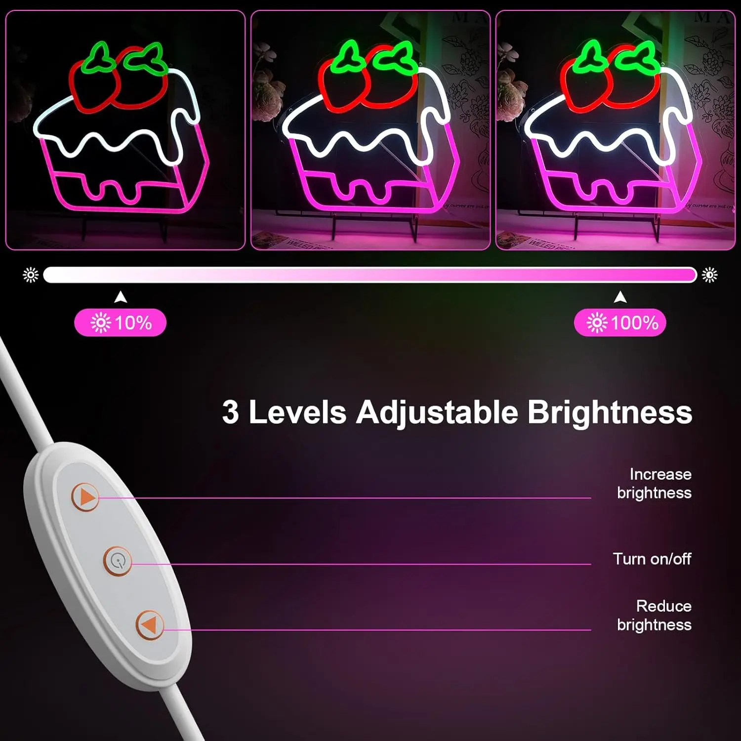 Strawberry Cake Neon Sign Dimmable Neon Lights for Restaurant Cafe Shop Home Kitchen Decor Aesthetics Draw Birthday Gifts