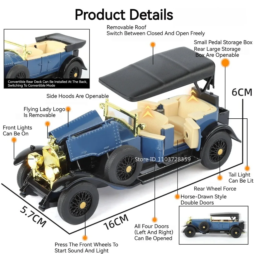 Coche Vintage Phantom 300SL 1:32, modelo de juguete en miniatura, aleación fundida, puertas extraíbles, sonido abierto, vehículo de simulación de luz para niños