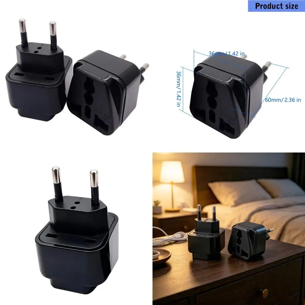 Black Brazil Power Accessory, Two Round Pin Single Inlet Piece with Front Input for Guest Stay, Temporary Outlet Access and