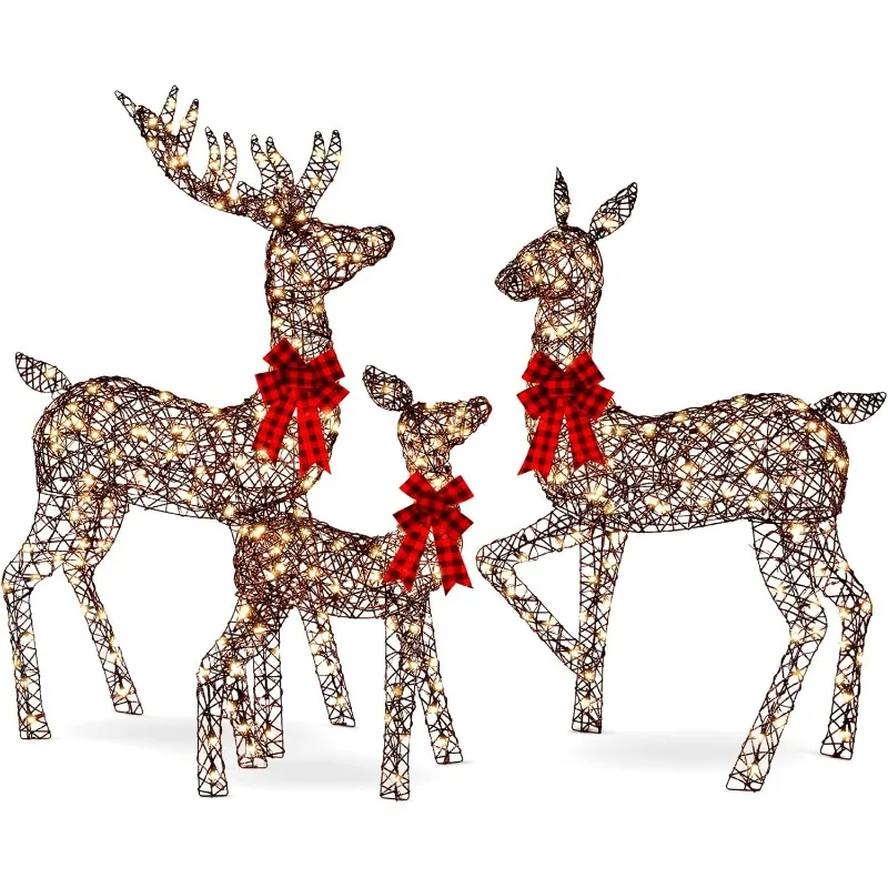 Ensemble familial de grands cerfs de Noël éclairés, décoration de cour extérieure, piquets, attaches zippées, rotin, 385 lumières LED, 6,5 pi, 3 pièces