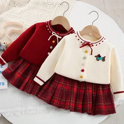 Children's sweater set girls autumn winter knitted cardigan long-sleeved jacket + checkered pleated skirt set 1-6 years