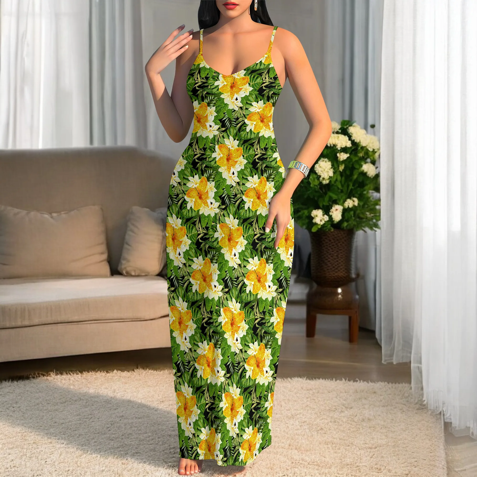 

Women's Chic Flower Print Maxi Dress Stylish Spaghetti Strap for Casual Elegance