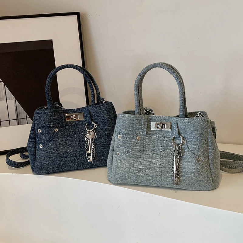 Women\'s Blue Denim Lock Bag Jeans Shape Multi-pocket Tote Bag New Denim Fashion Simple Shoulder Bag Purses And Handbags Girls