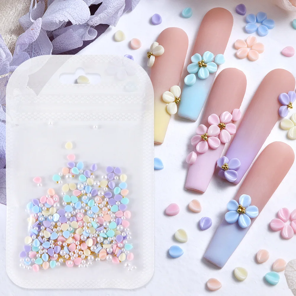 1 sac 3D coloré Mini pétale mixte résine ongles breloques réaliste pétale artificiel perle boule d'acier Nail Art décorations bricolage ongles