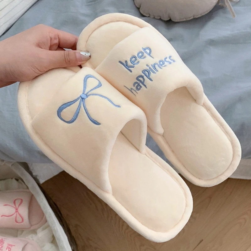 

Women Indoor Fluffy Slippers Autumn Winter Shoes Soft Sole Anti-slip Open Toe Cute Letters Embroidery Girls House Floor Slides
