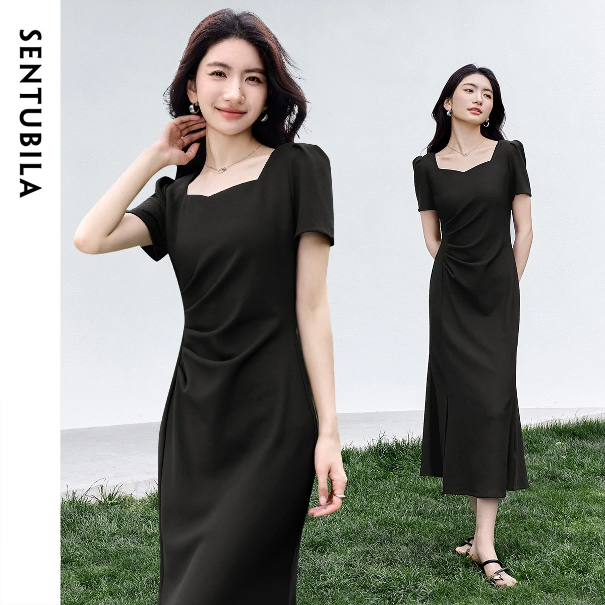 

SENTUBILA Women Dresses Summer 2025 Classics Square Collar Bubble Sleeves Hem Split Mermaid Gown Dress Luxury Dress T52LJ1820