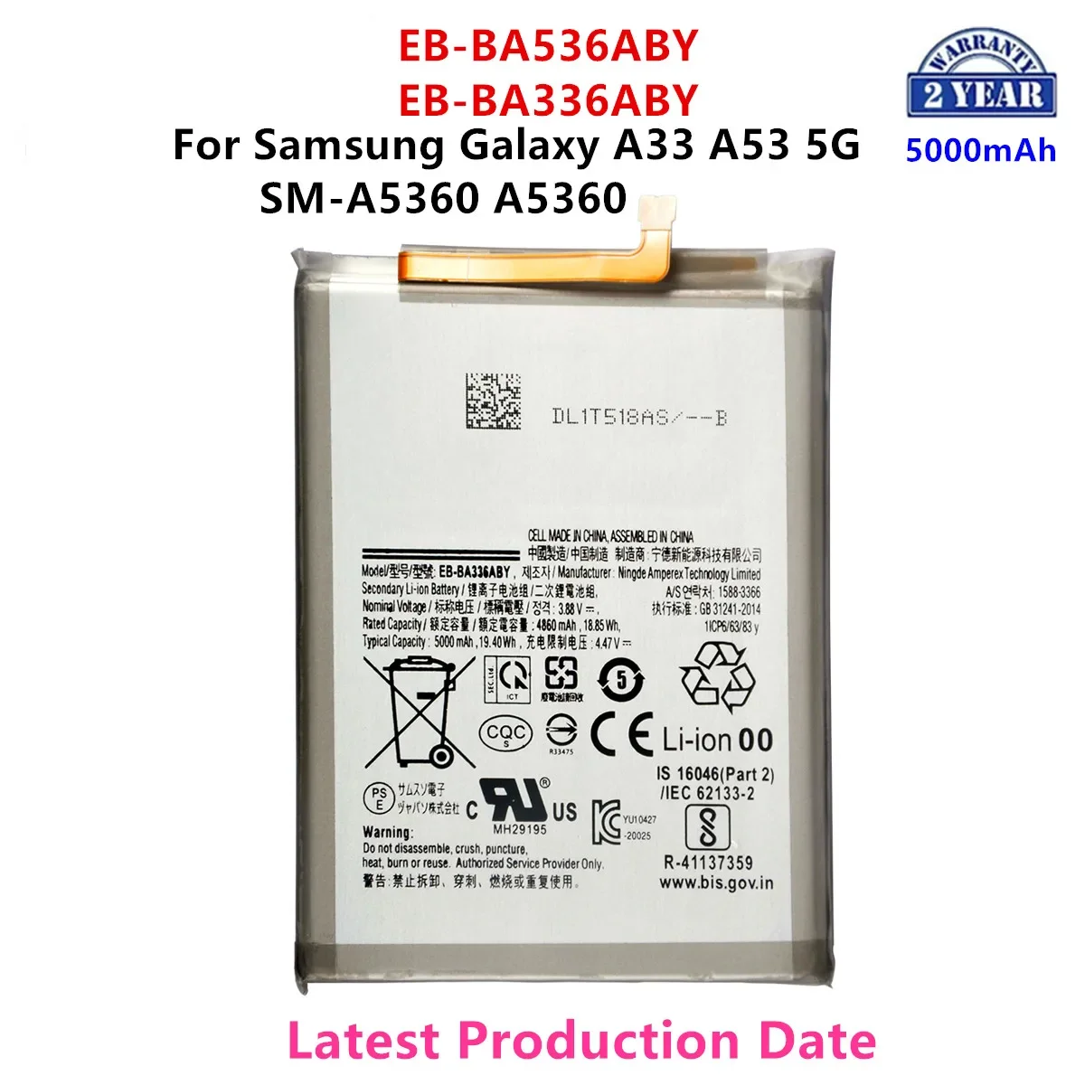 Bateria para Samsung Galaxy, EB-BA336ABY, EB-BA536ABY, 5000mAh, A33, A53, 5G, SM-A5360, A5360, Brand New