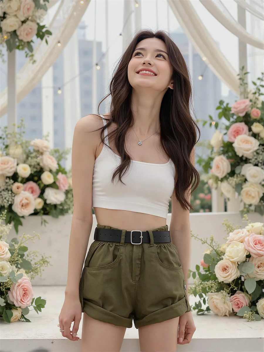 데님 롤 엣지 하이 웨이스트 루즈 쇼츠 여성용 우아한 겨울 심플 루즈핏 홈웨어 라운지웨어