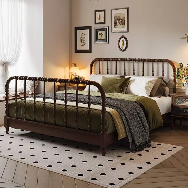 //Modern Minimalist Bedroom Solid Wood Carved Bed Black French Vintage Beaded Children's Bed With Roman Columns Double Bed