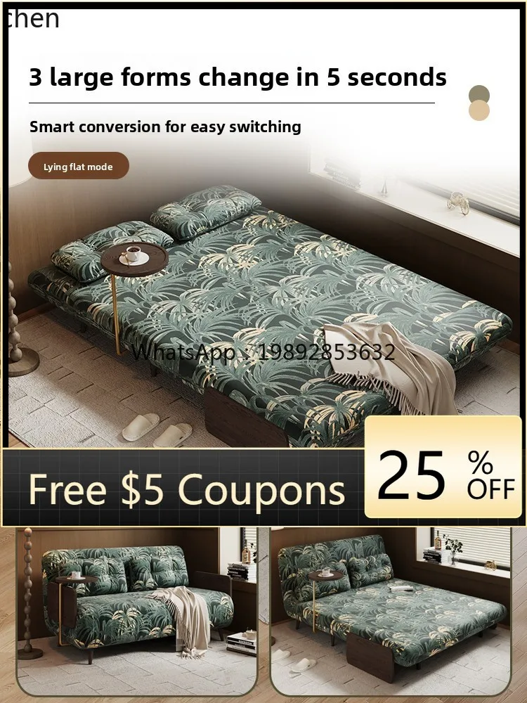 

retro solid wood folding sofa bed single double dual-purpose small apartment living room fabric removable sofa