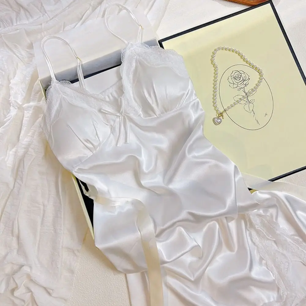 Lace Bow Women's Pajama Dress Sleeveless Split Ice Silk Suspender Nightdress Party Dress Thin Slim Sling Nightgown Home