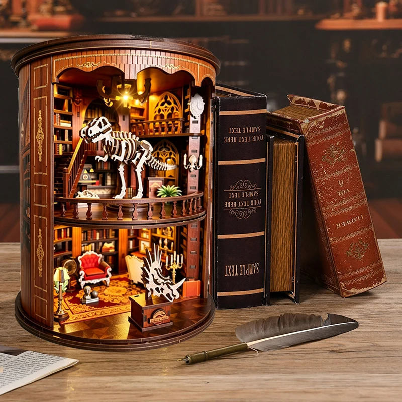 Book Nook Kit Dinosaur Museum Library- DIY Miniature House Kit for Adults, Teens and Beginners, Dollhouse Booknook House Bookshelf Decor 3D Wooden Puzzle with LED Light, Gifts for Family, Friends