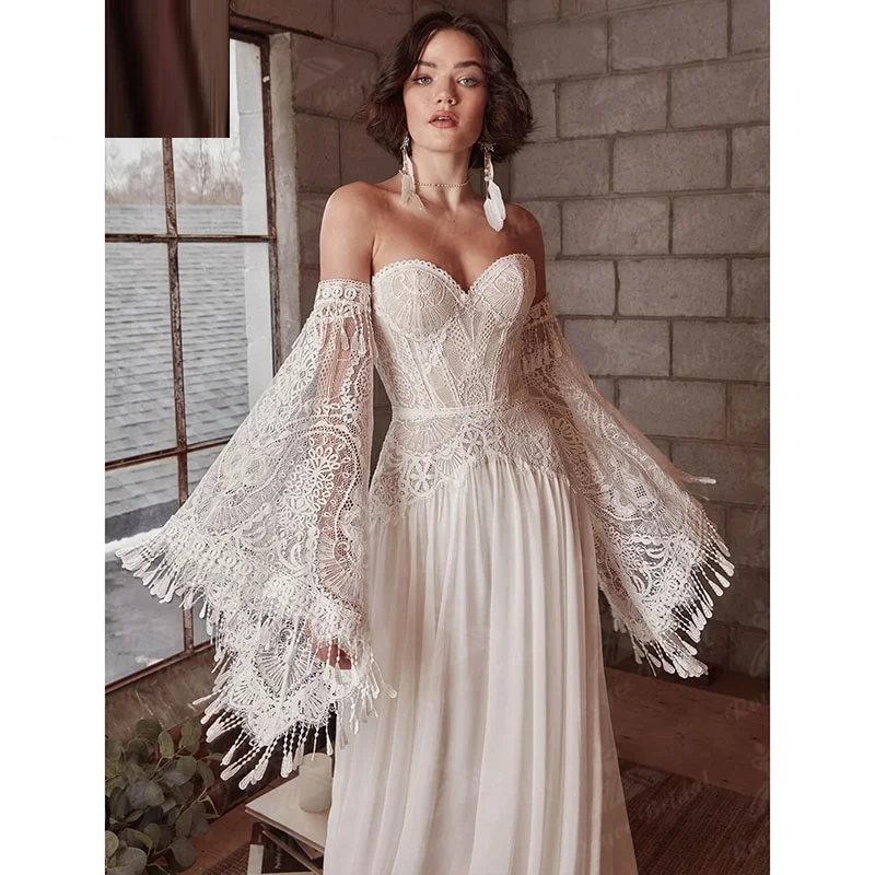 personalizado 11793 #   Sirena bohemia espalda abierta encaje mangas acampanadas Boho cariño sin tirantes gasa vestido de novia boda