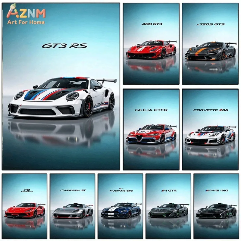 Unframed Supercar Canvas Wall Art Porsche GT3 RS Ferrari 488 GT3 McLaren 720S GT3 Corvette Z06 Poster Man Cave Decor Gift For Ca