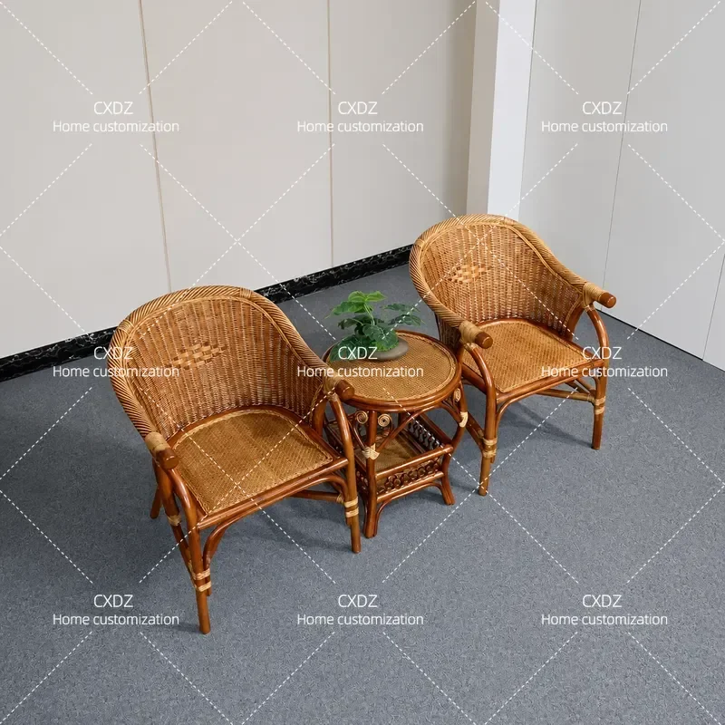 Vintage Real Rattan Chair 3 Piece Set Single Backrest for Elderly Balcony Casual Rattan Chair and Table Combination