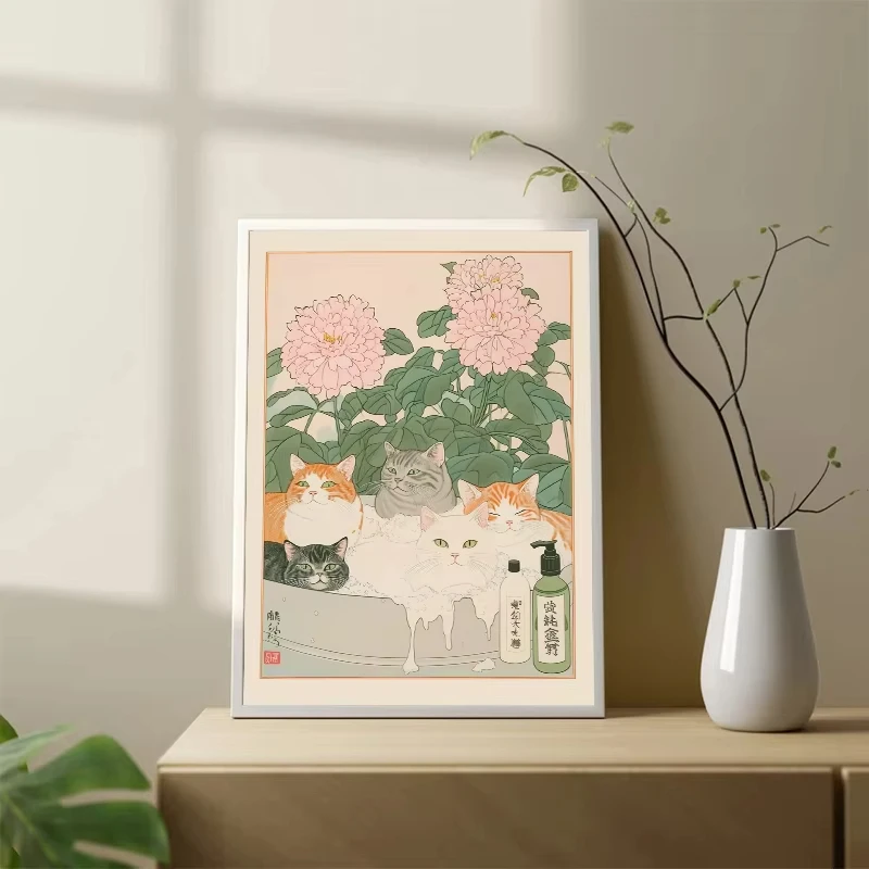 Cat in the Bathtub Japanese Vintage Classic Tiger Cat Wall Art Japanese Bathroom Toilet Poster Home Living Room Bedroom Decor