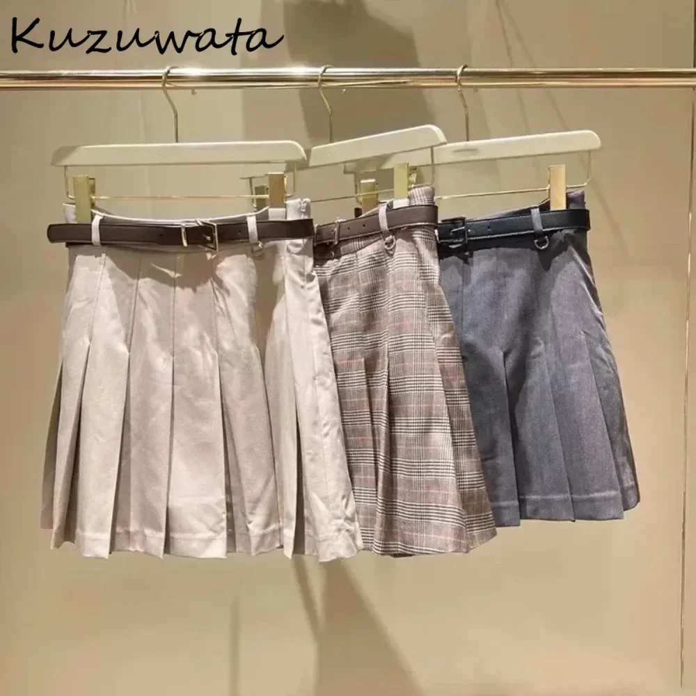 

Kuzuwata Belt High Waist Hundred Fold Short Skirt Femme 2024 Autumn Winter Japanese College Style Sweet High Waist A-Line Faldas