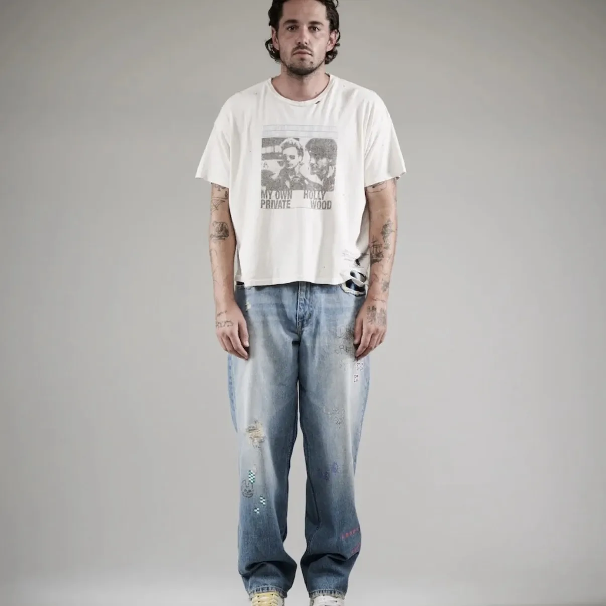 Palyhollywood 25fw lost angel portrait print washed boxy short wide destroy crew neck short sleeve t-shirt