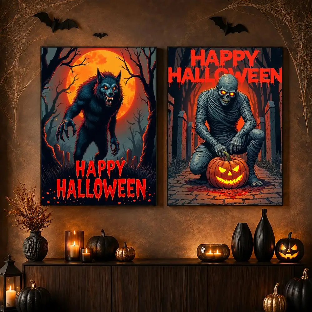 Halloween Horror HD Wall Art Poster Skull Werewolf Mummy Pumpkin Spooky Gothic Home Decor Gift