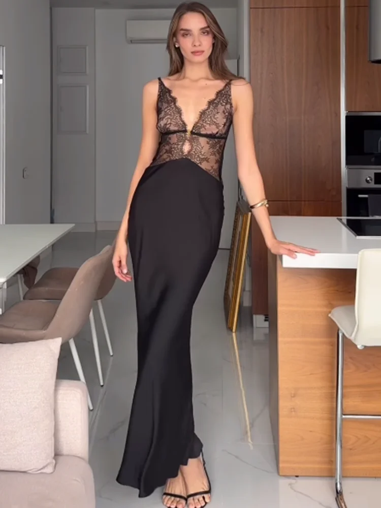 

Trendix Deep V Neck See Through Dress Women High Waist Slim Sleeveless Hollow Maxi Dresses Party Sexy Club Elegant Evening Dress