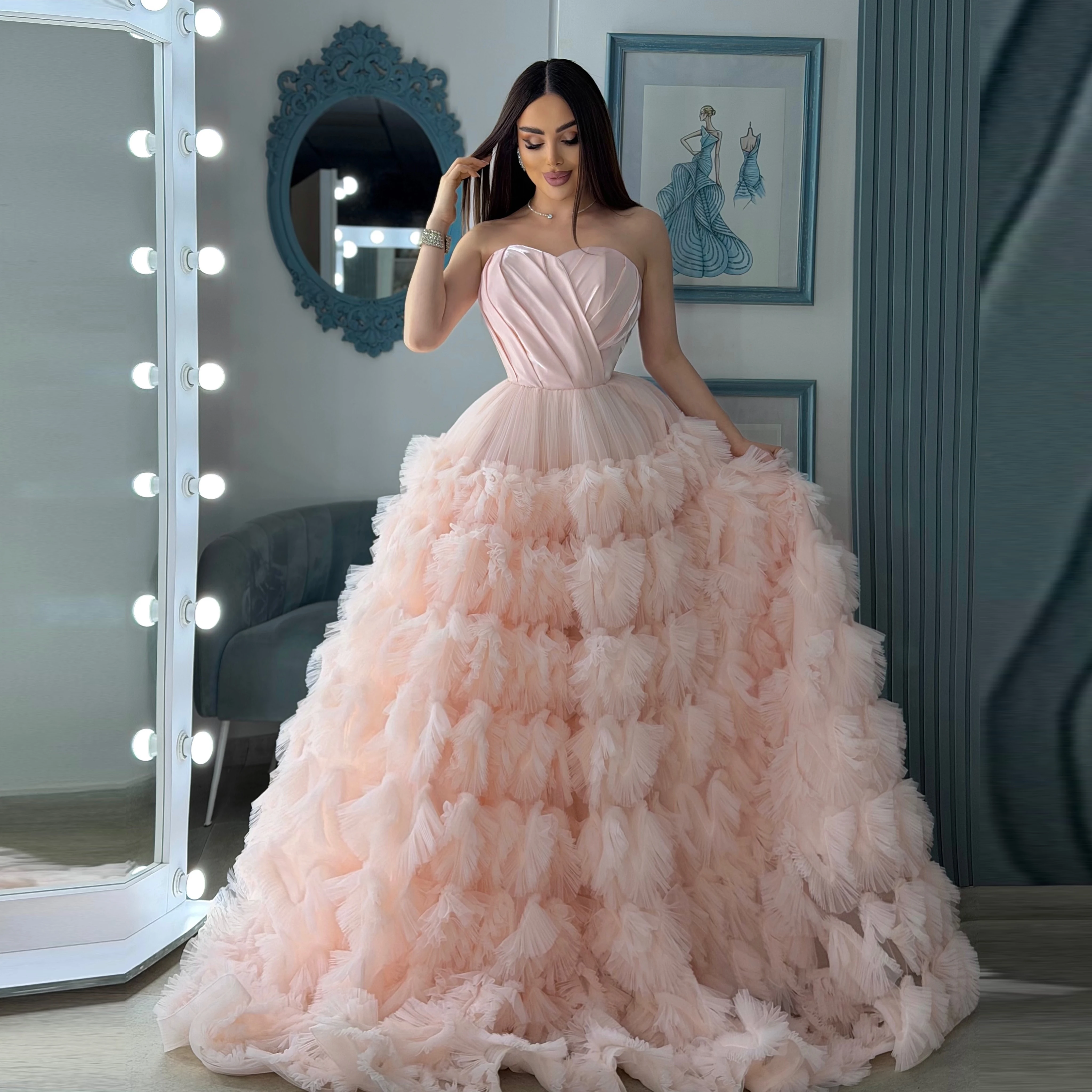 

Women's Strapless Sweetheart Prom Dress Tiered Ruffle Tulle Skirt with Satin Bodice Lace-Up Corset Back Pink Floor Evening Gown