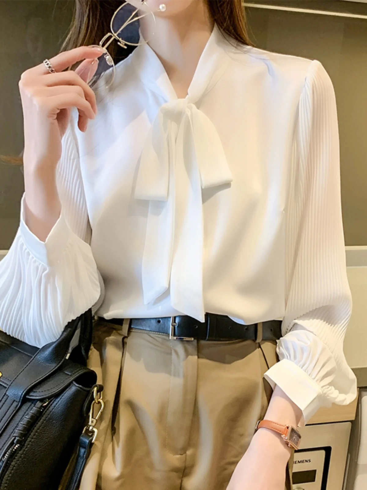 

Белая шифоновая блузка с длинным рукавом и узлом, женская деловая блузка в корейском стиле, прямого кроя, новинка