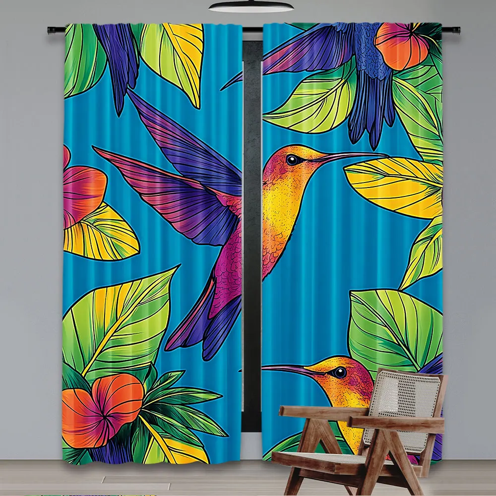 2Pcs Curtain Strelitzia Reginae And Colorful Flying Hummingbird Colibri In Contour Suitable For Living Room Bedroom Kitchen And