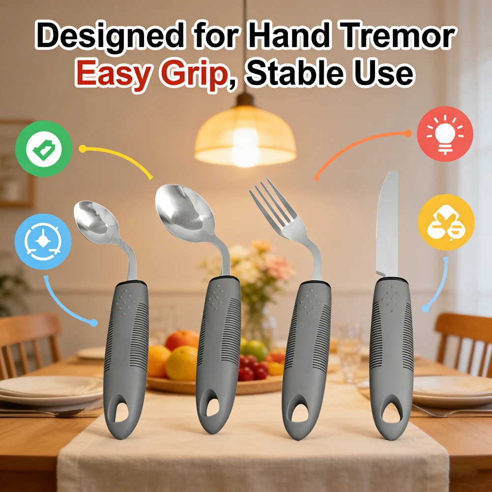 

4 Pack Adaptive Utensils Set 2.5 Oz & 42 Angled Weighted Adaptive Utensils Set -Stainless Steel Knife Fork Spoon for Hand Tremor