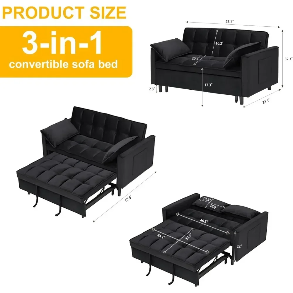 Velvet Loveseat Pull-out Sofa Couch w/Pullout Bed, 3 in 1 Convertible Sleeper Sofa Bed, Small Love Seat Lounge Sofa w