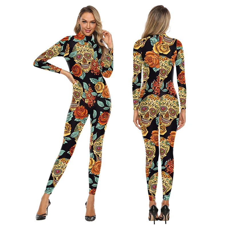 Bloemenbotpatroon Jumpsuit Gothic Vrouwen Bodysuit Halloween Skinny Catsuit Carnaval Middeleeuwse Stijl Volwassen Cosplay Kostuum