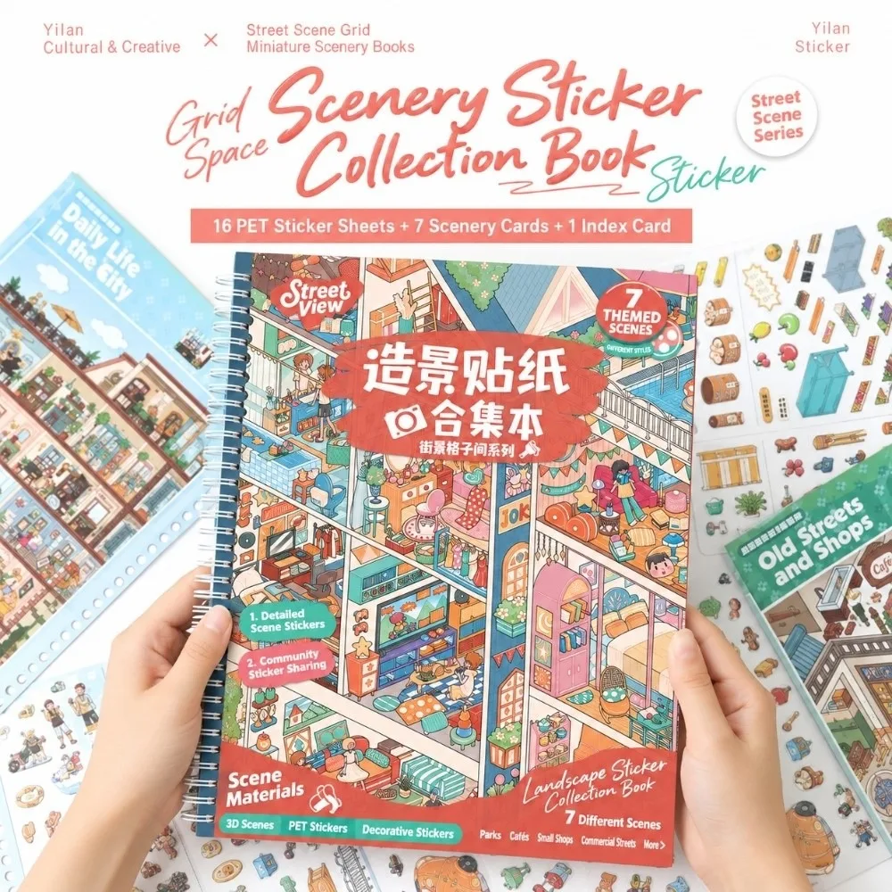 Street Scene Grid Room Landscape Sticker Collection Book PET Die-Cut 3D Miniature Scene Stickers Collage DIY Cabin Scene Sticker
