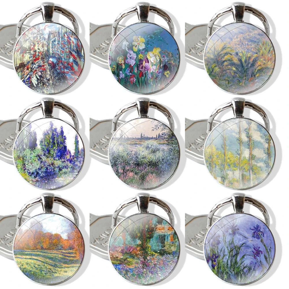 Claude Monet Classic Oil Painting 25mm Glass Cabohcon Keychain Key Rings for Women Men Jewelry Gift