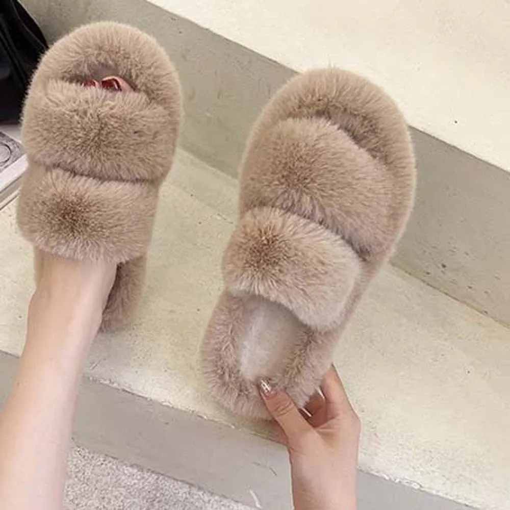Soft Winter Open Toe Slippers Double-bar Thickened Cotton Slippers Furry Solid Color Warmer Home Cotton Shoes Cold Weather